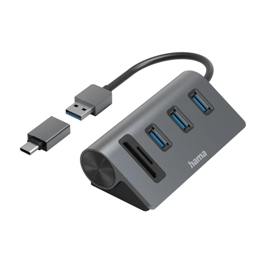 Hama 5 Port USB Hub/Card Reader, 3x USB-A, SD/microSD + USB-C Adapter