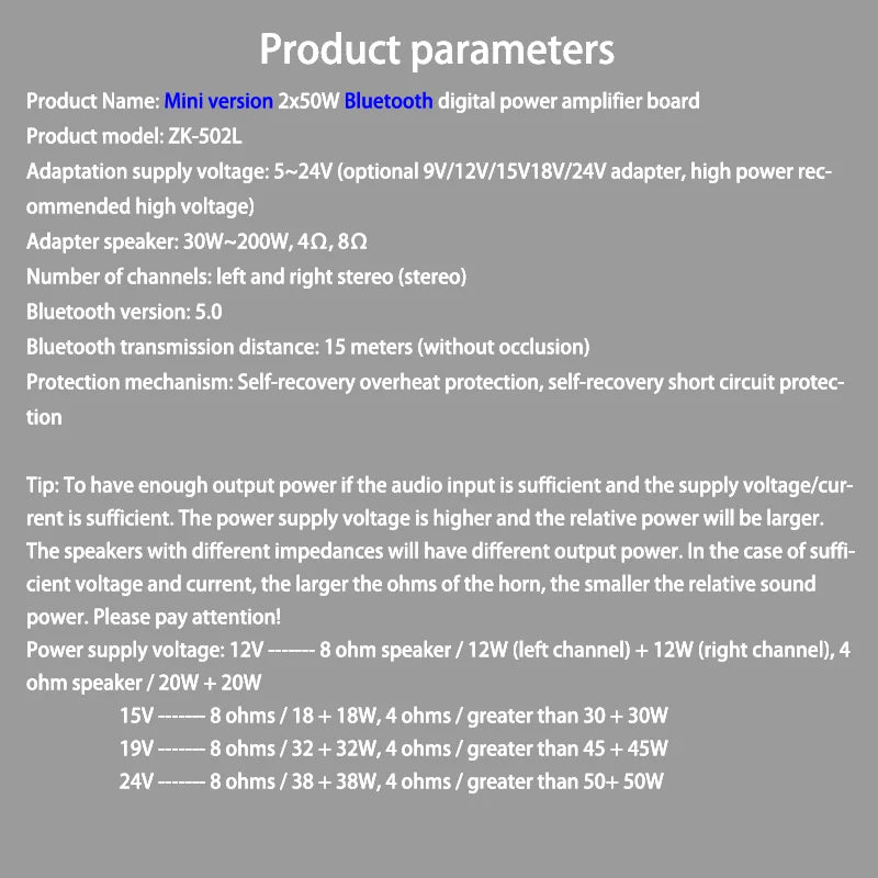 Bluetooth 5.0 Amplifier Board High Power Digital 2x50W Stereo Dual Channel ZK-502L