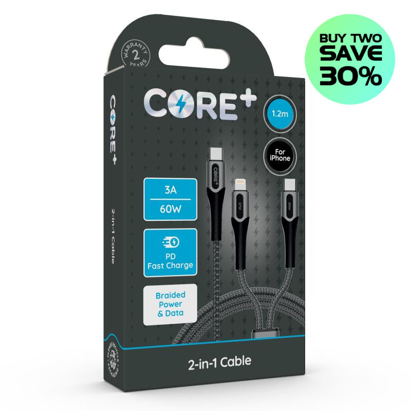 CORE+ 2-in-1 Power Delivery Braided USB-C to USB-C + Apple 8-Pin Cable, 1.2m, 3A, 60W