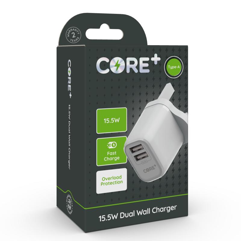 CORE+ 15.5W Fast Charge Dual USB Wall Charger, Overload Protection