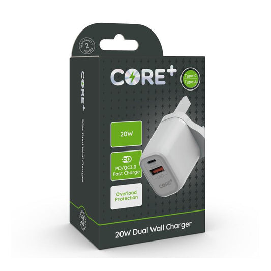 CORE+ PD QC3.0 USB Type-C/A Dual Wall Charger, Overcharge Protection, 20W