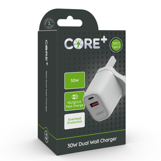 CORE+ PD 30W QC3.0 USB Type-C/A Dual Wall Charger, Overcharge Protection