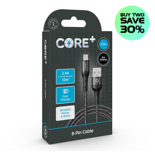 CORE+ Braided 8-Pin to USB-A Fast Charge Cable For Apple Devices 1.5 Metre