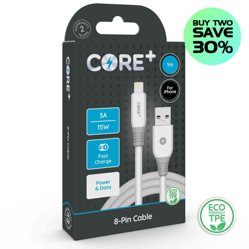 CORE+ PD 3A Fast Charge USB-A to 8-Pin Cable For Apple Devices 1 Metre