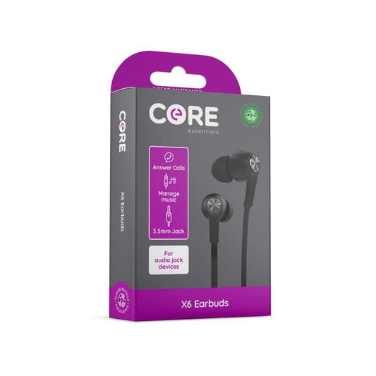 Core X6 Wired Earphones, 3.5mm Jack Plug, Black