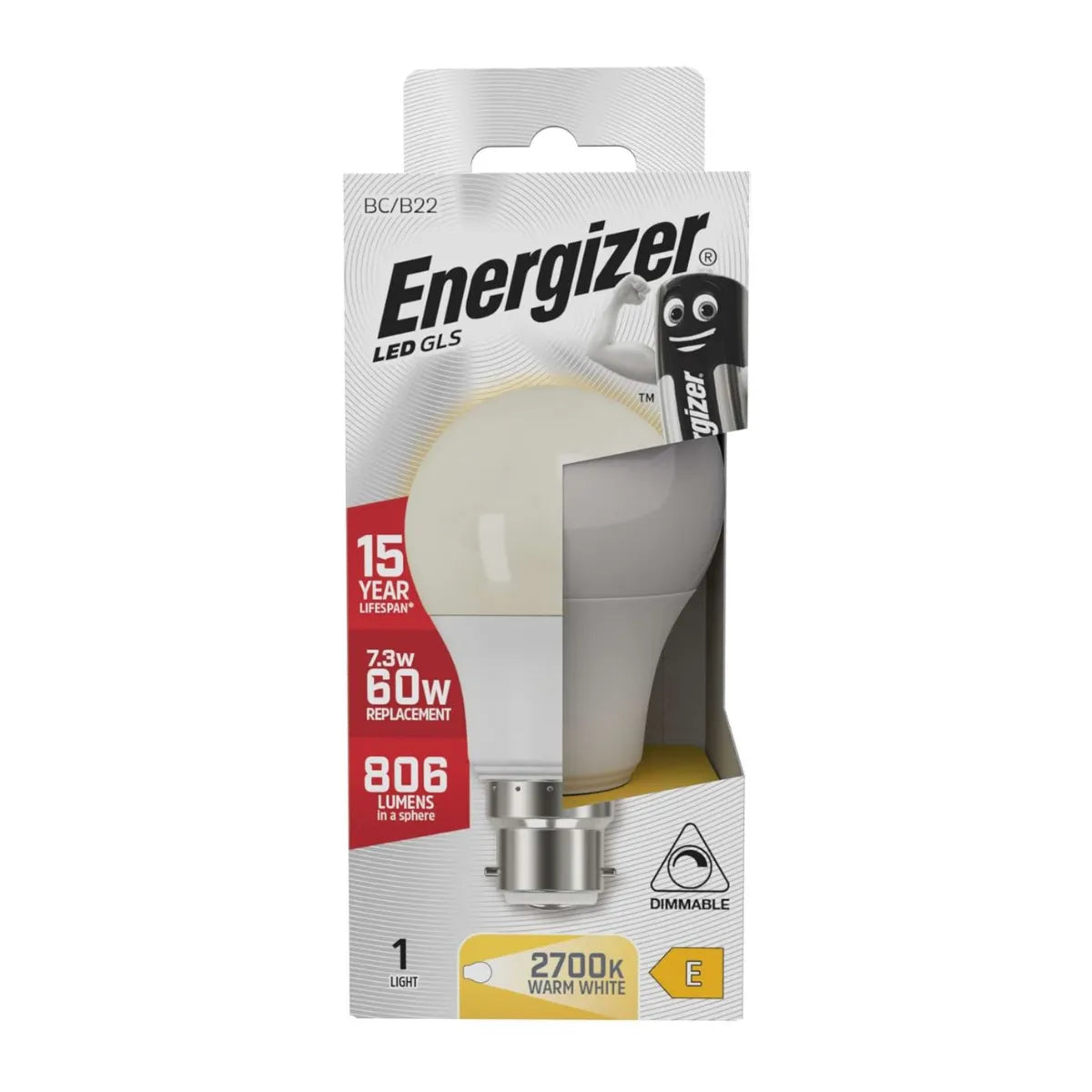 Energizer LED GLS B22 (BC) 806lm 8.8W 2,700K, Warm White, Dimmable
