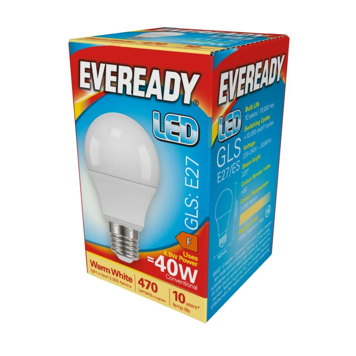 Eveready LED GLS E27 (ES) 470lm 4.9W 3,000K, Warm White (40W Replacement)