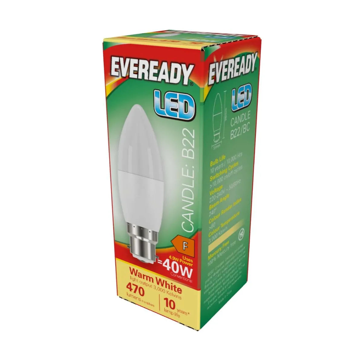 Eveready BC B22 Candle LED Light Bulb Warm White 3000K 470 Lumens 40W Equivalent