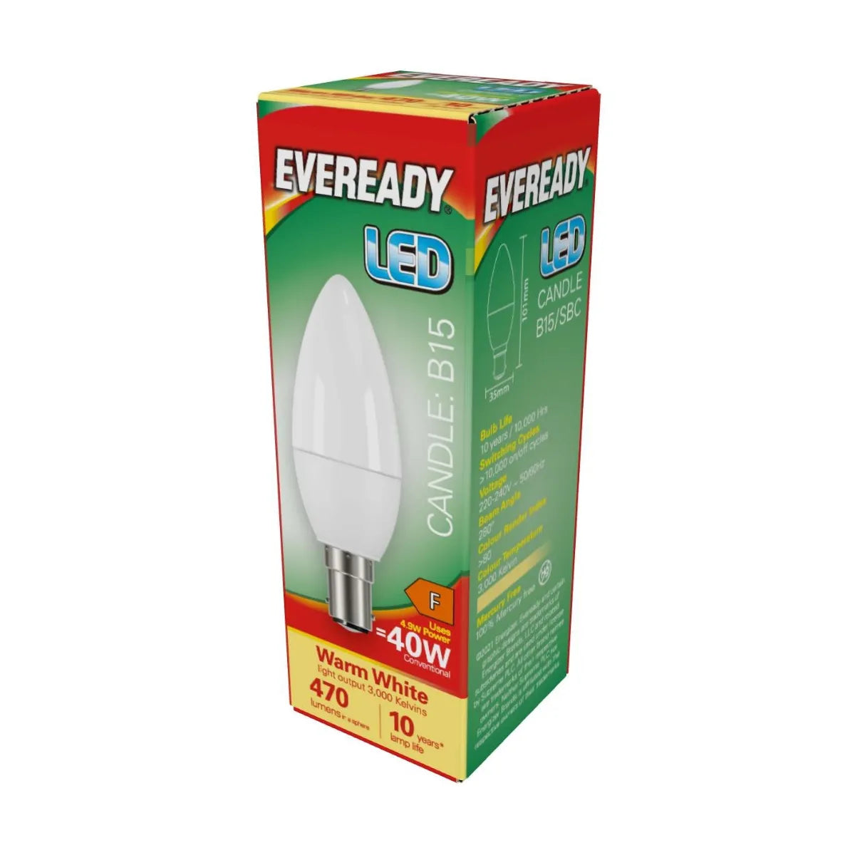 Eveready LED Candle B15 (SBC) 470lm 4.9W 3,000K, Warm White (40W Replacement)