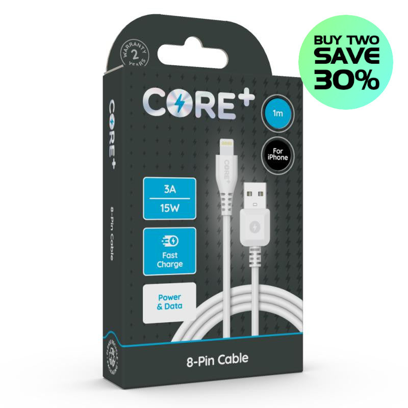 CORE+ PD 3A Fast Charge USB-A to 8-Pin Cable For Apple Devices 1 Metre