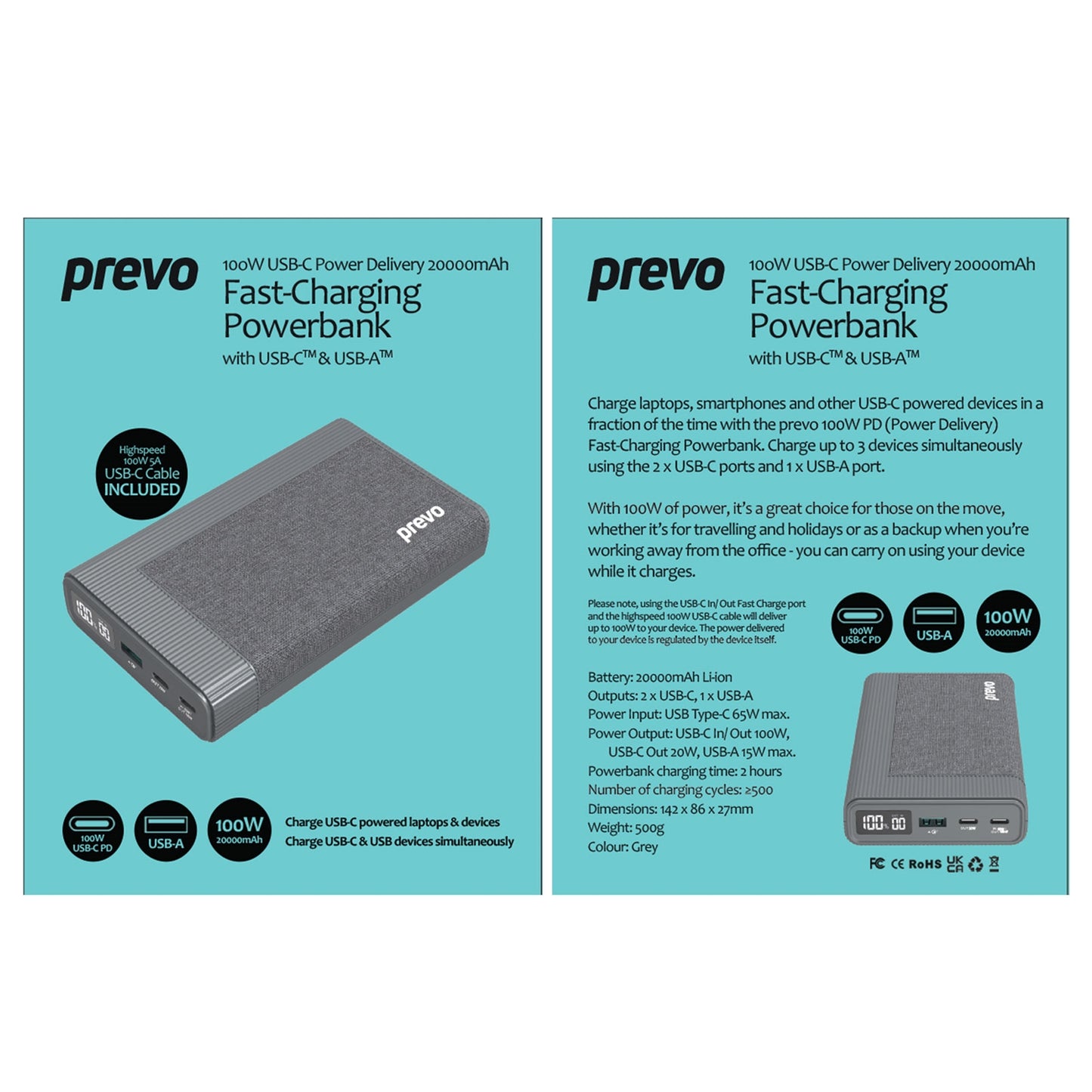 Prevo AD10C 100W USB-C PD 20000mAh Portable Fast-Charging Powerbank for Laptops, Smartphones & Tablets