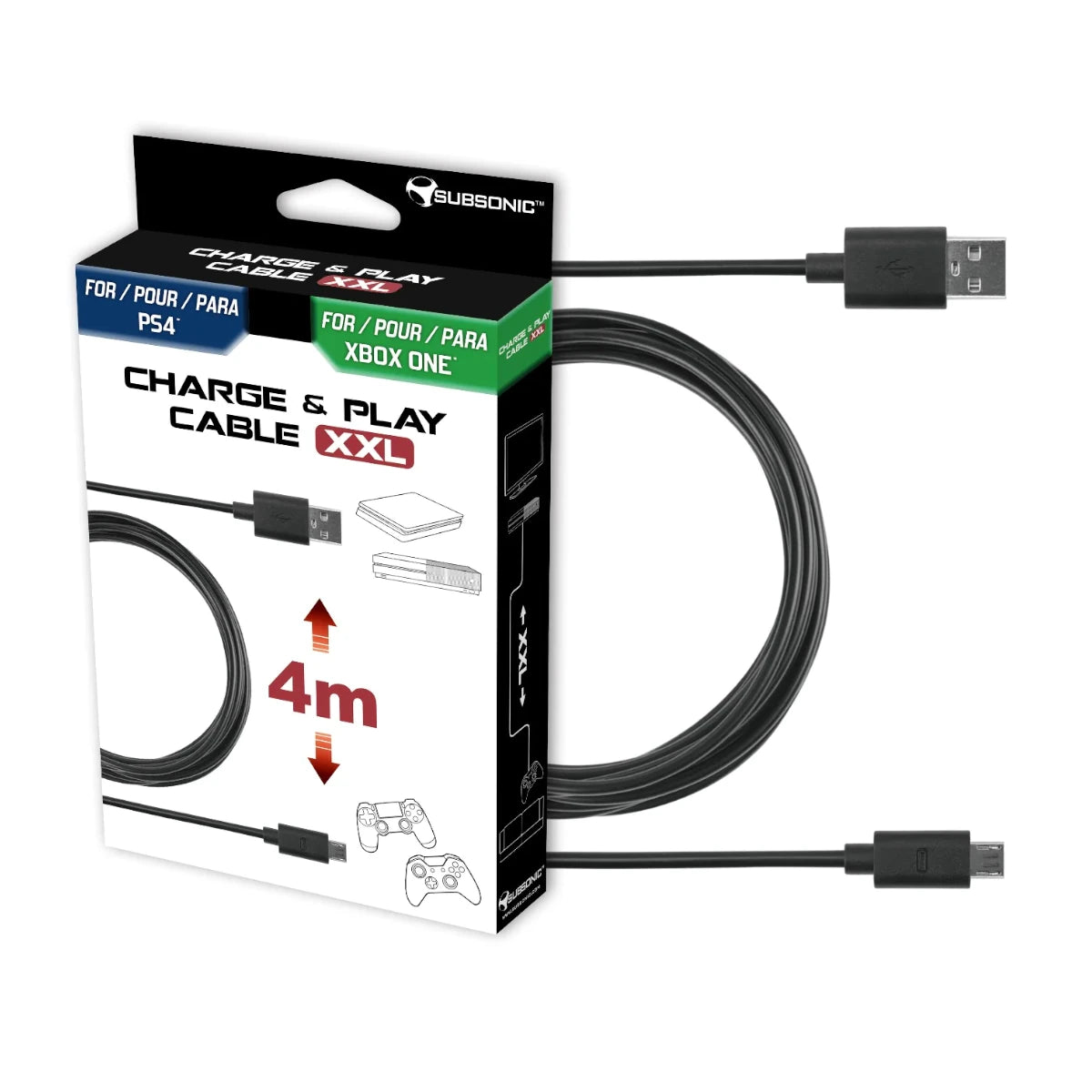 Subsonic Micro USB Charge & Play Cable For Playstation 4 and Xbox One Controller - 4 Metre