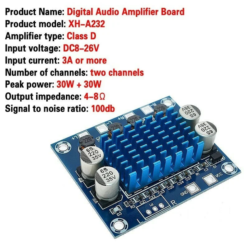 XH-A232 D-Class 60W RMS Stereo Audio Power Amplifier Board